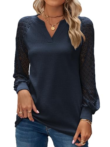 BAISHENGGT Baronin Tunika Damen V Ausschnitt T Shirt Raglan Spitzenärmel Bluse Shirts Lässige Elegante Streetwear Langarm Oberteil Tops Blau M von BAISHENGGT