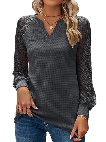 BAISHENGGT Baronin Tunika Damen V Ausschnitt T Shirt Elegante Raglan Spitzenärmel Bluse Shirts Lässige Streetwear Langarm Oberteil Tops Grau XL von BAISHENGGT