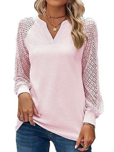BAISHENGGT Baronin Tunika Damen V Ausschnitt T Shirt Raglan Spitzenärmel Bluse Shirts Lässige Elegante Streetwear Langarm Oberteil Tops Rosa XXL von BAISHENGGT