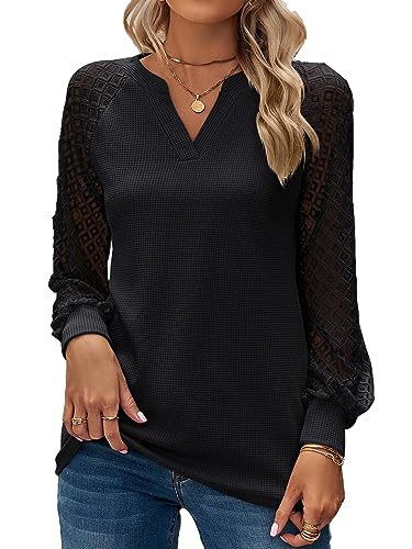 BAISHENGGT Baronin Tunika Damen V Ausschnitt T Shirt Raglan Spitzenärmel Bluse Shirts Lässige Elegante Streetwear Langarm Oberteil Tops Schwarz XL von BAISHENGGT