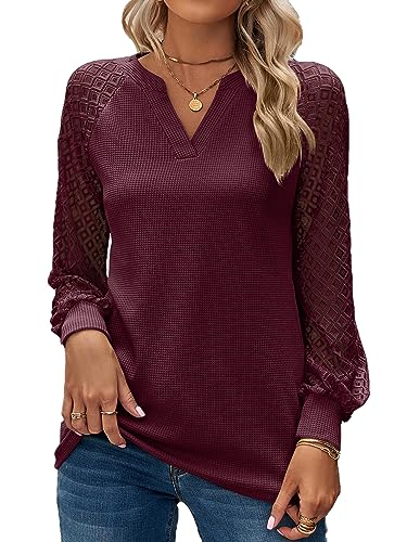 BAISHENGGT Baronin Tunika Damen V Ausschnitt T Shirt Raglan Spitzenärmel Bluse Shirts Lässige Elegante Streetwear Langarm Oberteil Tops Weinrot XXL von BAISHENGGT