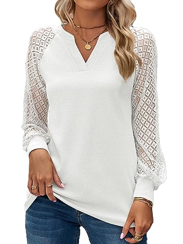 BAISHENGGT Baronin Tunika Damen V Ausschnitt T Shirt Raglan Spitzenärmel Bluse Shirts Lässige Elegante Streetwear Langarm Oberteil Tops Weiß XXL von BAISHENGGT