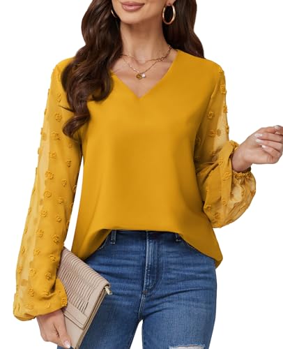 BAISHENGGT Blusen Tuniken Damen Elegant Chiffon Pullover Siwss Dot Langarmshirt V-Ausschnitt Pullover Streetwear Outfit Oberteile Gelb S von BAISHENGGT