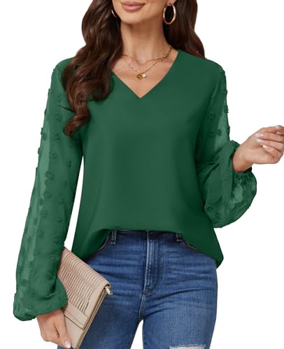 BAISHENGGT Blusen Tuniken Damen Elegant Chiffon Pullover Siwss Dot Langarmshirt V-Ausschnitt Pullover Streetwear Outfit Oberteile Grün S von BAISHENGGT