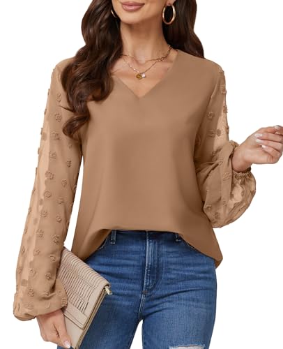 BAISHENGGT Blusen Tuniken Damen Elegant Chiffon Pullover Siwss Dot Langarmshirt V-Ausschnitt Pullover Streetwear Outfit Oberteile Khaki L von BAISHENGGT