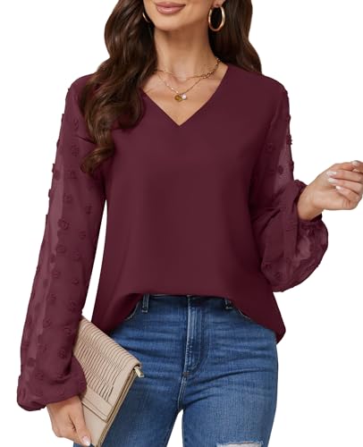 BAISHENGGT Blusen Tuniken Damen Elegant Chiffon Pullover Siwss Dot Langarmshirt V-Ausschnitt Pullover Streetwear Outfit Oberteile Rot L von BAISHENGGT