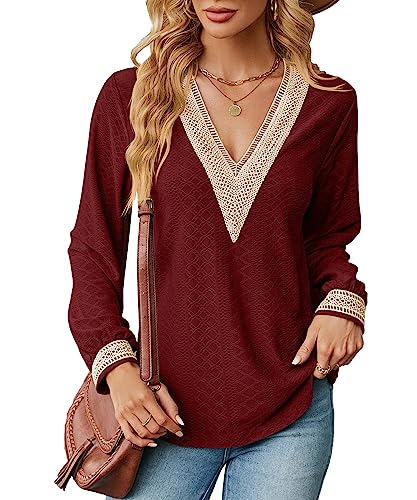 BAISHENGGT Blusen Tuniken für Damen Elegant Frau Lässige Langarmshirt mit Spitzen Aushöhlen Super Tief V-Ausschnitt Oberteile Blusentop Weinrot L von BAISHENGGT