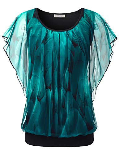 BAISHENGGT Chiffon Blusen, Damen Falten Kurzarm Tunika Batwing Rundkragen Bluse Pfau Blau 3XL von BAISHENGGT