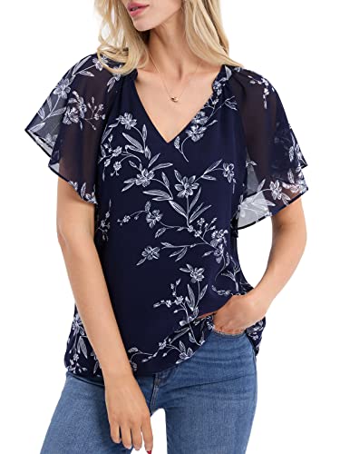 BAISHENGGT Damen Bluse Chiffon Festlich Elegant Sommer Tshirt Sexy Festival Outfit V Ausschnitt Flattert Kurzarm Lose Oberteile Casual Top Tunika Tops Blau Geblümt XL von BAISHENGGT