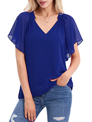 BAISHENGGT Damen Bluse Chiffon Festlich Elegant Sommer Tshirt Sexy Festival Outfit V Ausschnitt Flattert Kurzarm Lose Oberteile Casual Top Tunika Tops Blau L von BAISHENGGT