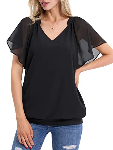 BAISHENGGT Damen Bluse Chiffon Festlich Elegant Sommer Tshirt Sexy Festival Outfit V Ausschnitt Flattert Kurzarm Lose Oberteile Casual Top Tunika Tops Schwarz L von BAISHENGGT