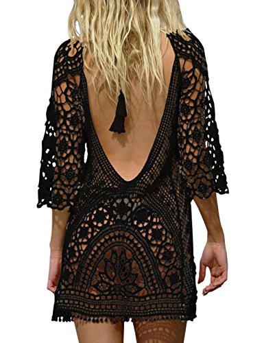 BAISHENGGT Damen Boho Rückenfrei Spitze Bikini Cover Up Strandkleid Sommerkleid Schwarz One Size passt S-M von BAISHENGGT