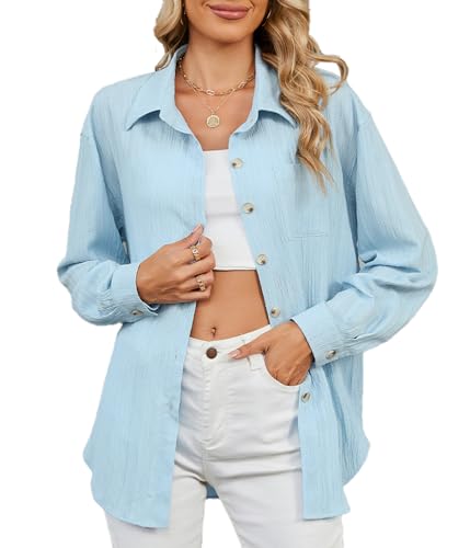 BAISHENGGT Damen Button Down Shirts Bluse Langarm Kragen Hemdbluse Texturiert Lose Casual Arbeit Oberteile Tops Himmelblau XXL von BAISHENGGT