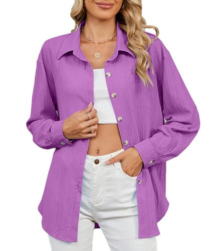 BAISHENGGT Damen Button Down Shirts Bluse Langarm Kragen Hemdbluse Texturiert Lose Casual Arbeit Oberteile Tops Lila XXL von BAISHENGGT