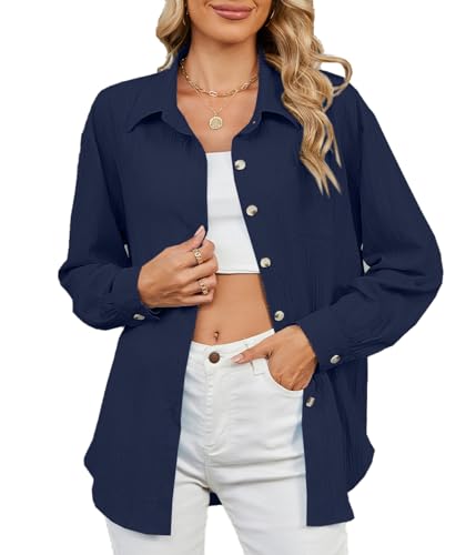 BAISHENGGT Damen Button Down Shirts Bluse Langarm Kragen Hemdbluse Texturiert Lose Casual Arbeit Oberteile Tops Navy Blau XL von BAISHENGGT