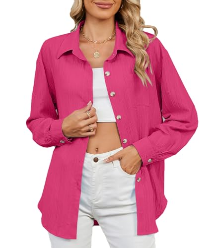 BAISHENGGT Damen Button Down Shirts Bluse Langarm Kragen Hemdbluse Texturiert Lose Casual Arbeit Oberteile Tops Rosa XXL von BAISHENGGT