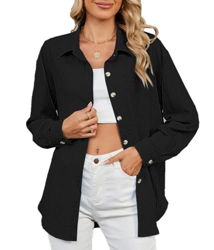 BAISHENGGT Damen Button Down Shirts Bluse Langarm Kragen Hemdbluse Texturiert Lose Casual Arbeit Oberteile Tops Schwarz XXL von BAISHENGGT