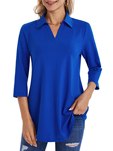 BAISHENGGT Damen Elegant 3/4 Ärmel Oberteil V-Ausschnitt Bluse Lässige Tops Henley Kragen Shirt Basic Tuniken Pullover Longshirt Solid Saphirblau 2XL von BAISHENGGT