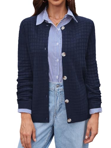 BAISHENGGT Damen Elegante Strickjacke Langarm Rundhals Casual Leichte Cardigan Sweater Jacke mit Knöpfen Navy XL von BAISHENGGT