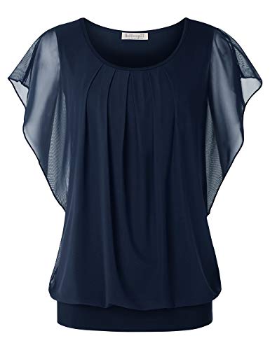 BAISHENGGT Damen Sommer Netz Bluse Flatter Kurzarm Tshirt Rundkragen Falten Elegant Oberteile Top Blusen Blau-4 M von BAISHENGGT
