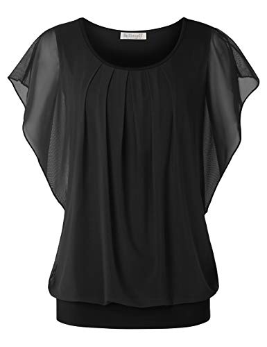 BAISHENGGT Damen Sommer Netz Bluse Flatter Kurzarm Tshirt Rundkragen Falten Elegant Oberteile Top Blusen Reine Schwarz XL von BAISHENGGT