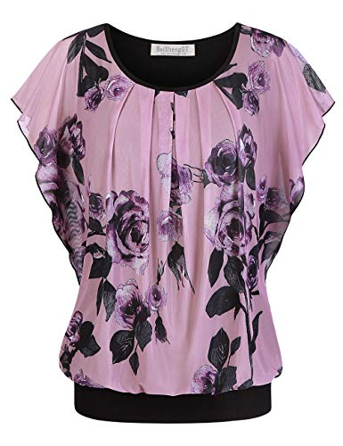 BAISHENGGT Damen Sommer Netz Bluse Flatter Kurzarm Tshirt Rundkragen Falten Elegant Oberteile Top Blusen Rosa Rose XL von BAISHENGGT