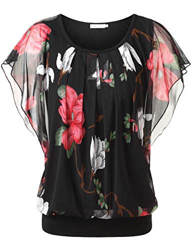 BAISHENGGT Damen Sommer Netz Bluse Flatter Kurzarm Tshirt Rundkragen Falten Elegant Oberteile Top Blusen Schwarz 3XL von BAISHENGGT
