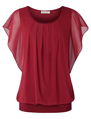 BAISHENGGT Damen Sommer Netz Bluse Flatter Kurzarm Tshirt Rundkragen Falten Elegant Oberteile Top Blusen Weinrot XL von BAISHENGGT
