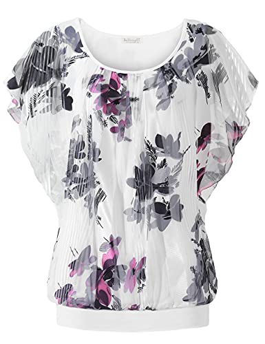 BAISHENGGT Damen Falten Kurzarm Tunika Batwing Rundkragen Bluse Weiße Blume Large von BAISHENGGT