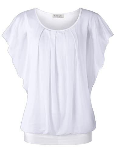 BAISHENGGT Damen Fledermaus Shirt Damen Falten Kurzarm Tunika Rundkragen Bluse Reine Weiß 4X-Large von BAISHENGGT