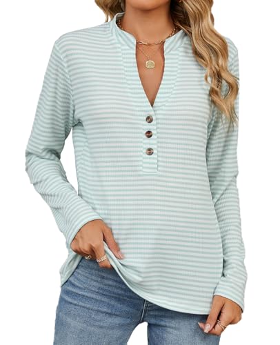 BAISHENGGT Damen Langarmshirt Knöpfe V-Ausschnitt Langarm Streifen Lange T Shirt Herbst Täglich Oberteile Grün L BAISHENGGT Damen Langarmshirt Knöpfe V-Ausschnitt Langarm Streifen Lange T Shirt Herbst Täglich Oberteile Grün L von BAISHENGGT