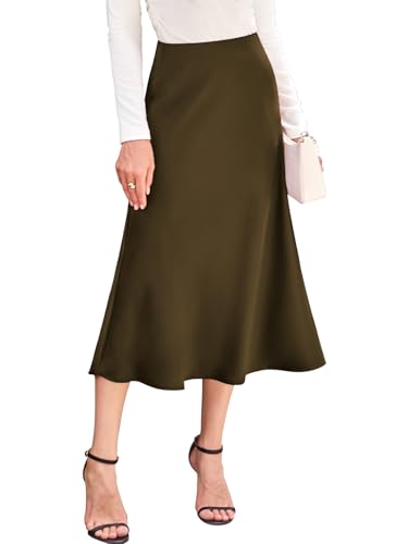 BAISHENGGT Damen Satin Rock Hohe Taille A Linie Elegant Midirock Sommerrock Business Party Skirt mit Reißverschluss Kaffee L von BAISHENGGT