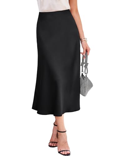 BAISHENGGT Damen Satin Rock Hohe Taille A Linie Elegant Midirock Sommerrock Business Party Skirt mit Reißverschluss Schwarz XL von BAISHENGGT