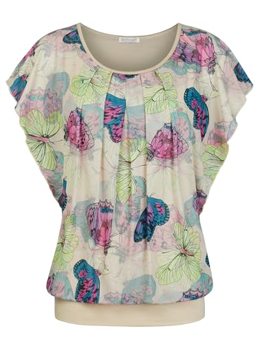 BAISHENGGT Damen Sommer Netz Bluse Flatter Kurzarm Tshirt Rundkragen Falten Elegant Oberteile Top Blusen Aprikosenschmetterling M BAISHENGGT Damen Sommer Netz Bluse Flatter Kurzarm Tshirt Rundkragen Falten Elegant Oberteile Top Blusen Aprikosenschmetterling M von BAISHENGGT