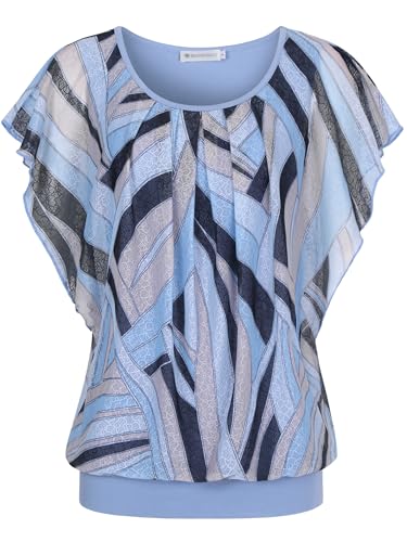 BAISHENGGT Damen Sommer Netz Bluse Flatter Kurzarm Tshirt Rundkragen Falten Elegant Oberteile Top Blusen Blau Muster L von BAISHENGGT