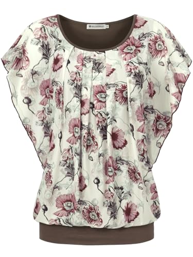 BAISHENGGT Damen Sommer Netz Bluse Flatter Kurzarm Tshirt Rundkragen Falten Elegant Oberteile Top Blusen Kaffee-Aprikose Blumen XL von BAISHENGGT
