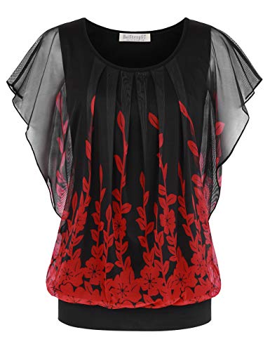 BAISHENGGT Damen Sommer Netz Bluse Flatter Kurzarm Tshirt Rundkragen Falten Elegant Oberteile Top Blusen Schwarz-11 L BAISHENGGT Damen Sommer Netz Bluse Flatter Kurzarm Tshirt Rundkragen Falten Elegant Oberteile Top Blusen Schwarz-11 L von BAISHENGGT