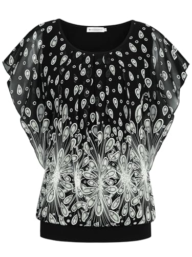 BAISHENGGT Damen Sommer Netz Bluse Flatter Kurzarm Tshirt Rundkragen Falten Elegant Oberteile Top Blusen Schwarz Einzigartig Blumen L von BAISHENGGT