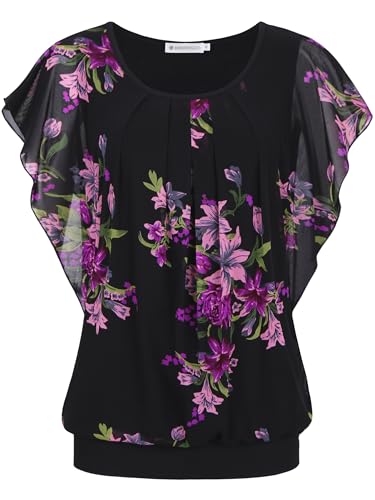 BAISHENGGT Damen Sommer Netz Bluse Flatter Kurzarm Tshirt Rundkragen Falten Elegant Oberteile Top Blusen Schwarz Lila-Geblümt 3XL von BAISHENGGT