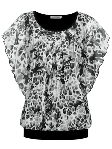 BAISHENGGT Damen Sommer Netz Bluse Flatter Kurzarm Tshirt Rundkragen Falten Elegant Oberteile Top Blusen Schwarz Weiß-Blumen XXL von BAISHENGGT