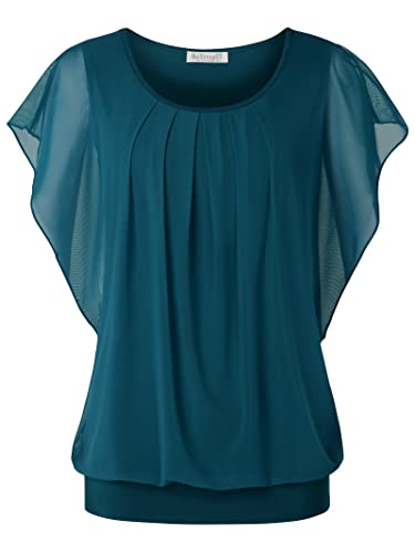 BAISHENGGT Damen Sommer Netz Bluse Flatter Kurzarm Tshirt Rundkragen Falten Elegant Oberteile Top Blusen Türkis 3XL von BAISHENGGT