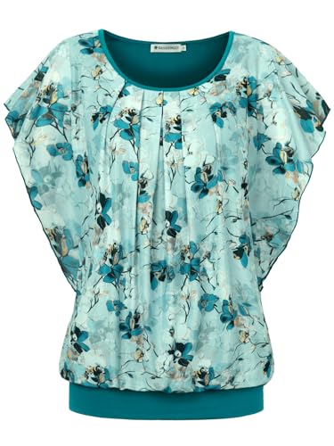 BAISHENGGT Damen Sommer Netz Bluse Flatter Kurzarm Tshirt Rundkragen Falten Elegant Oberteile Top Blusen Türkis-Blumen M von BAISHENGGT
