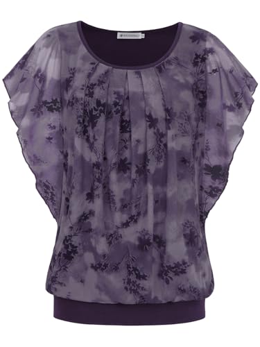BAISHENGGT Damen Sommer Netz Bluse Flatter Kurzarm Tshirt Rundkragen Falten Elegant Oberteile Top Blusen Violett Beflockung XXL von BAISHENGGT