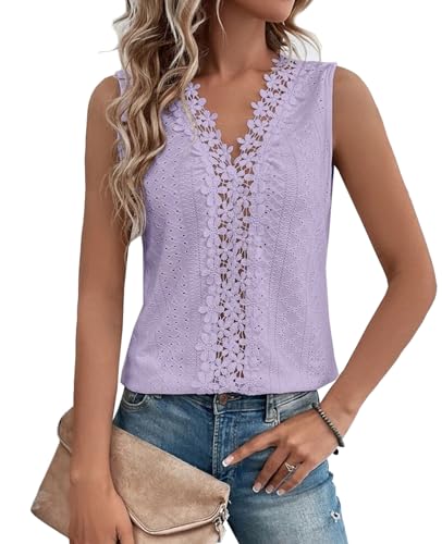 BAISHENGGT Damen Sommer Tank Top Mode Spitzenbesatz V-Ausschnitt Shirts Ärmellos Weste Casual Dressy Outfit Blusenshirt Lila M von BAISHENGGT