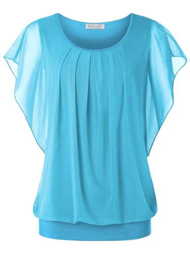 BAISHENGGT Damen Sommer Netz Bluse Flatter Kurzarm Tshirt Rundkragen Falten Elegant Oberteile Top Blusen Hellblau XXL von BAISHENGGT