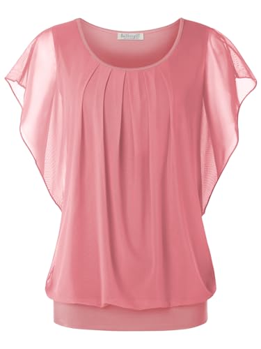 BAISHENGGT Damen Sommer Netz Bluse Flatter Kurzarm Tshirt Rundkragen Falten Elegant Oberteile Top Blusen Hellrosa XXL von BAISHENGGT