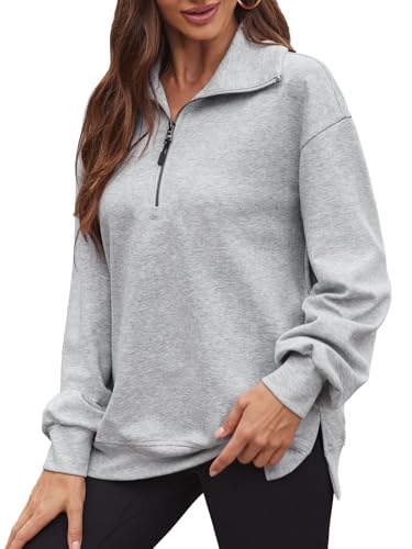 BAISHENGGT Damen Sweatshirt Halber Reißverschluss Pullover Langarm Tops Lose Casual Herbst Langarmshirt mit Taschen Grau S von BAISHENGGT