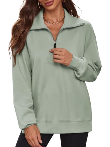 BAISHENGGT Damen Sweatshirt Halber Reißverschluss Pullover Langarm Tops Lose Casual Herbst Langarmshirt mit Taschen Graugrün S von BAISHENGGT