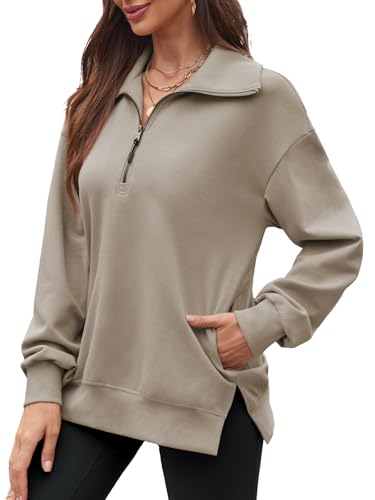 BAISHENGGT Damen Sweatshirt Halber Reißverschluss Pullover Langarm Tops Lose Casual Herbst Langarmshirt mit Taschen Hell Khaki S von BAISHENGGT