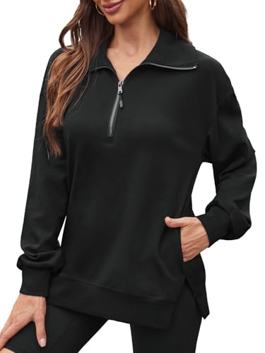 BAISHENGGT Damen Sweatshirt Halber Reißverschluss Pullover Langarm Tops Lose Casual Herbst Langarmshirt mit Taschen Schwarz XL von BAISHENGGT